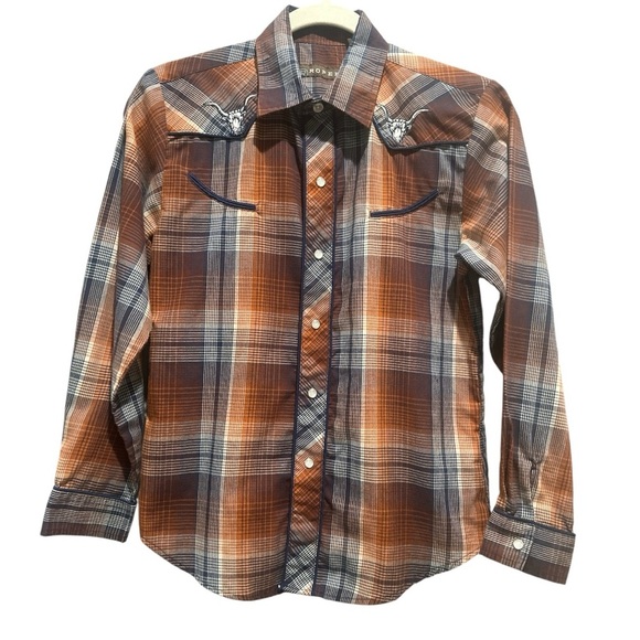 Roper Plaid Button Down Shirt Western Rodeo Festival Bulls Youth Lg - Picture 1 of 10